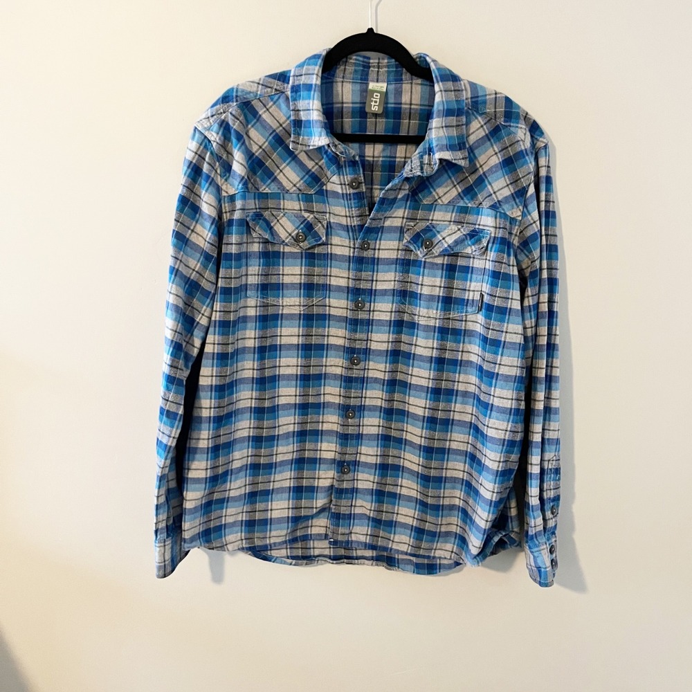 Stio Mens XL Blue Grey junction midweight flannel Button Down Shirt